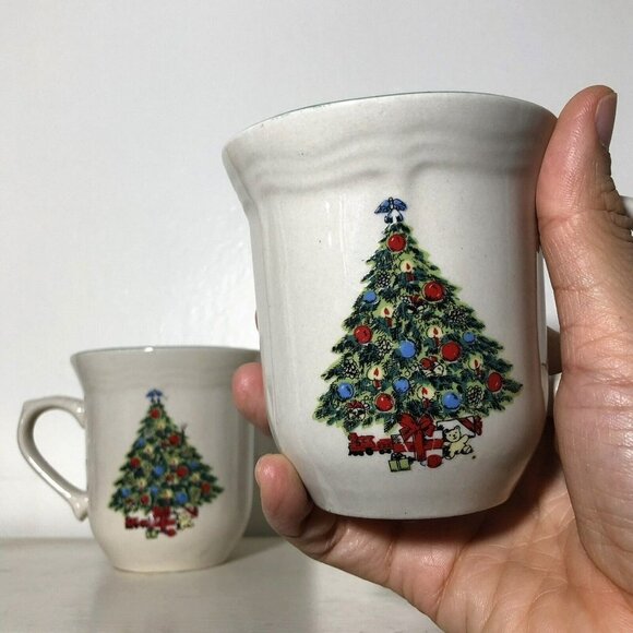 Christmas Tree Mug Set 2 Pair Couple Winter Holiday Ceramic Beige Restaurant - Picture 7 of 10